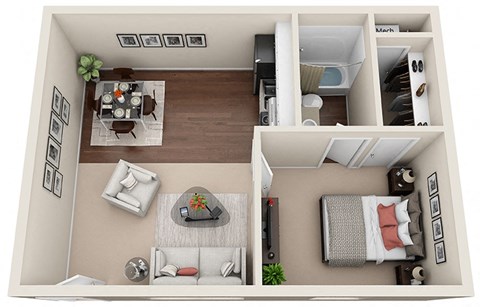 a floor plan of a one bedroom apartment with a living room and dining room